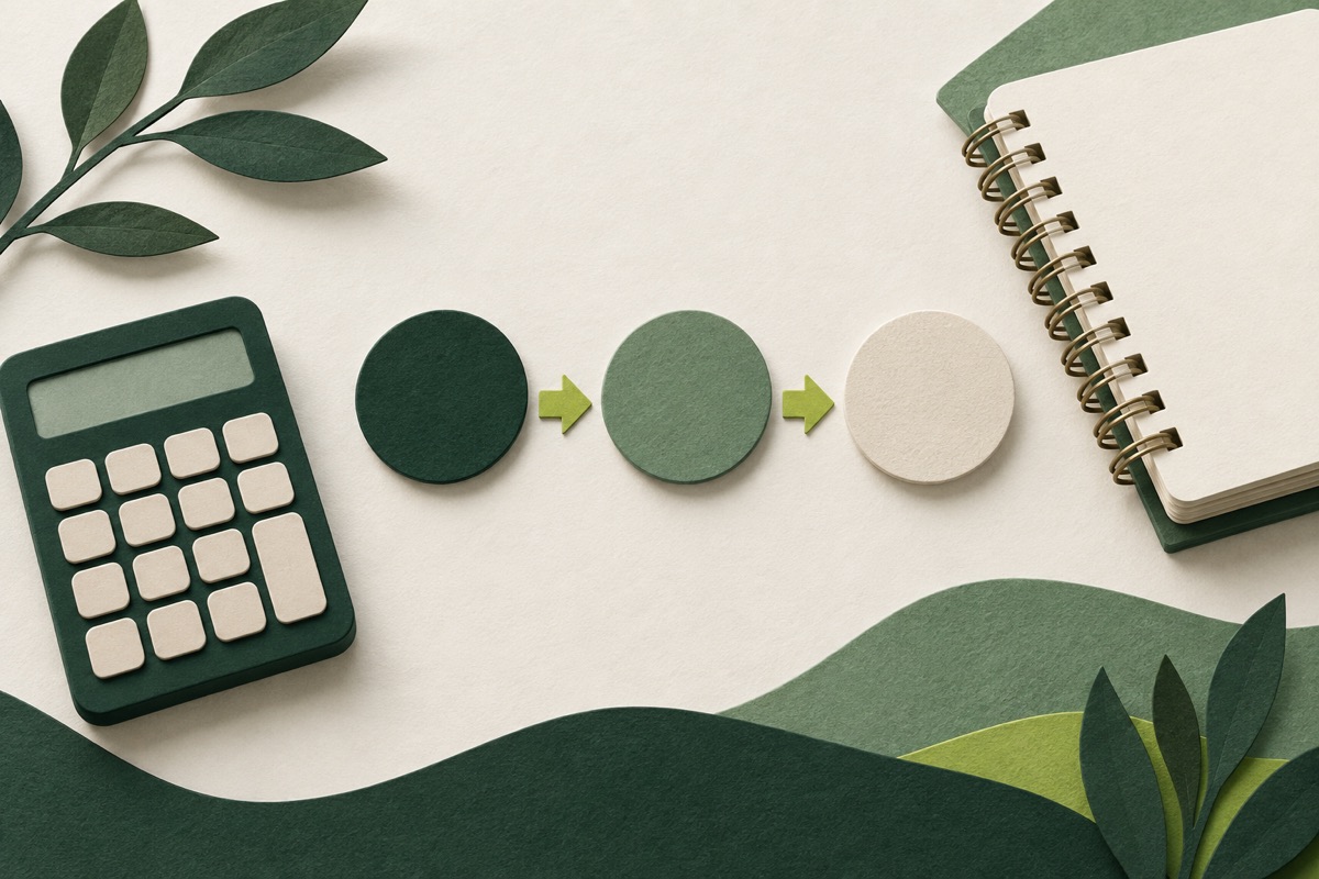 A blank calculator and notebook beside three paper tokens arranged in a sequence.