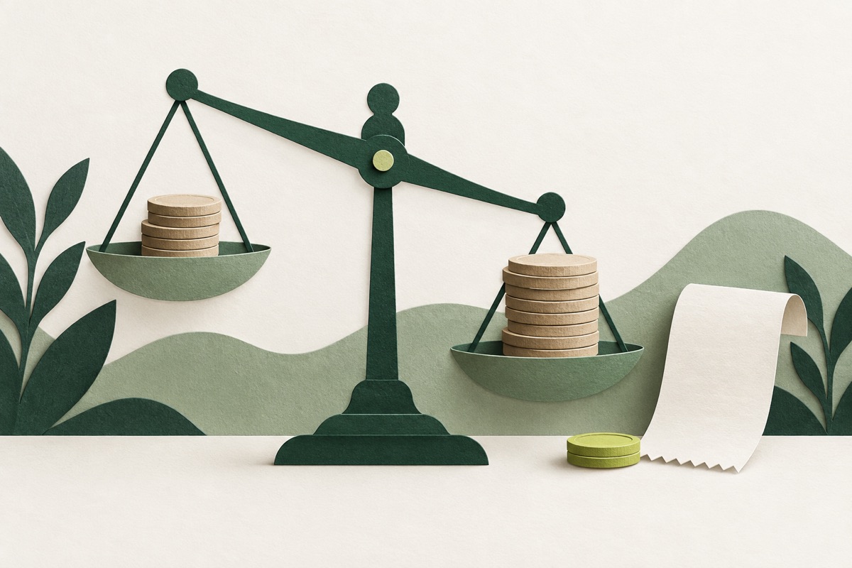 A paper balance compares coin stacks beside a separate fee token and receipt.