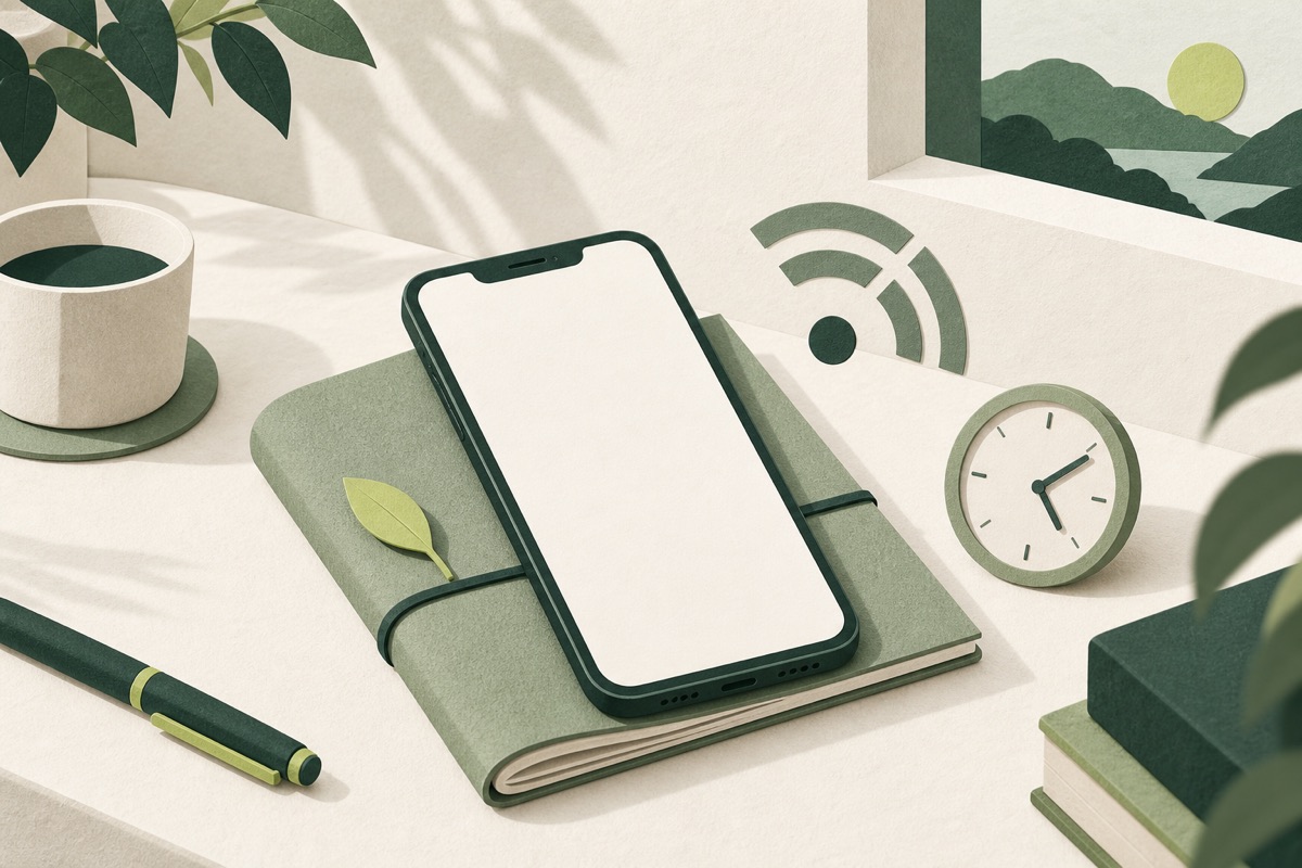 Defter üzerinde duran boş telefon, saat ve bağlantı simgesinin kâğıt illüstrasyonu.