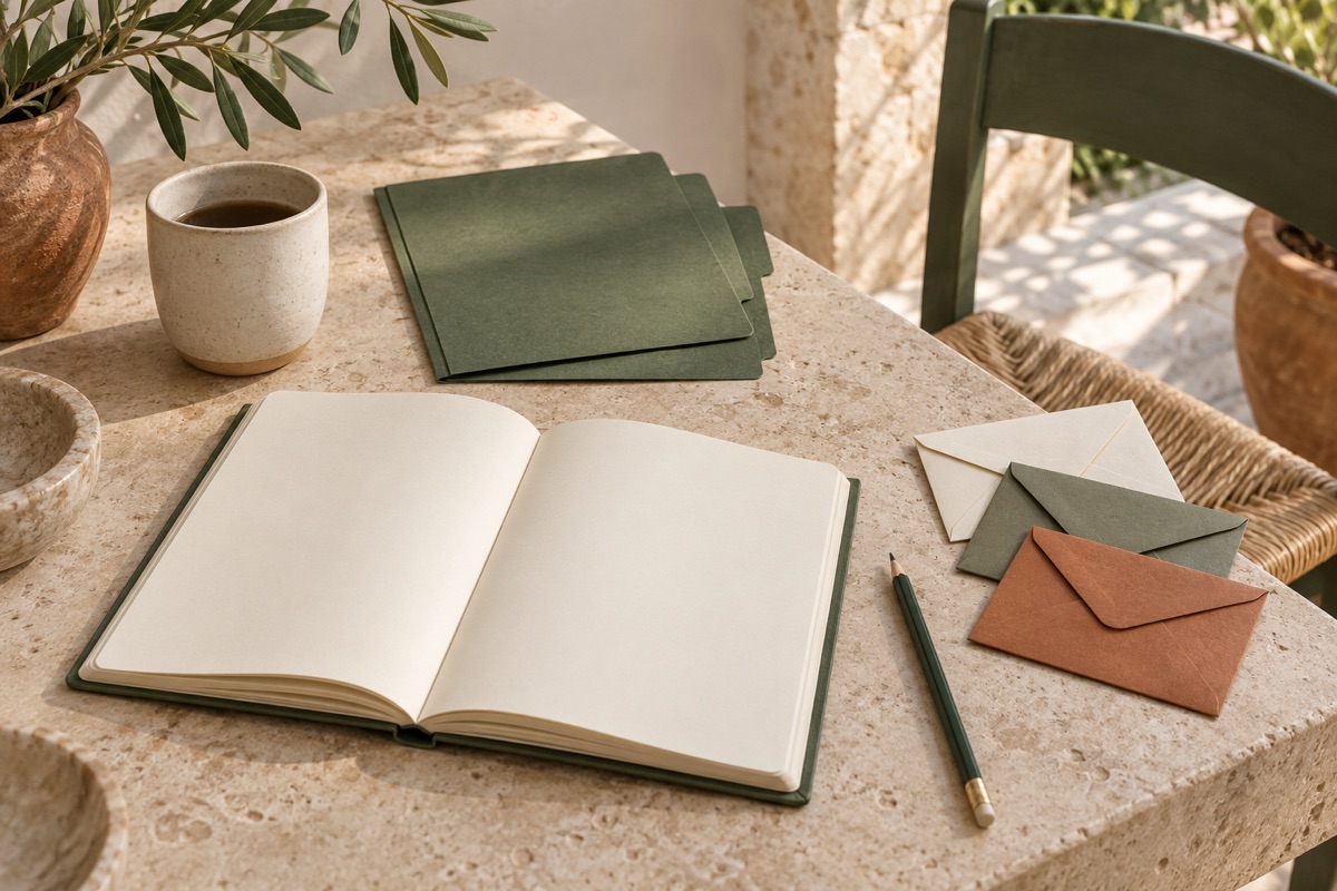 Bir öğrenci masasında defter, yazısız zarflar, kalem ve fincan.